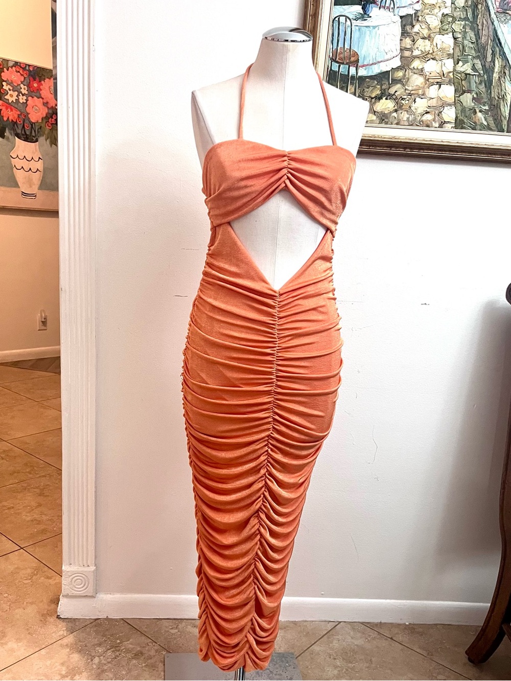 Fashion Nova Orange Ruched Halter Cutout Midi Dress